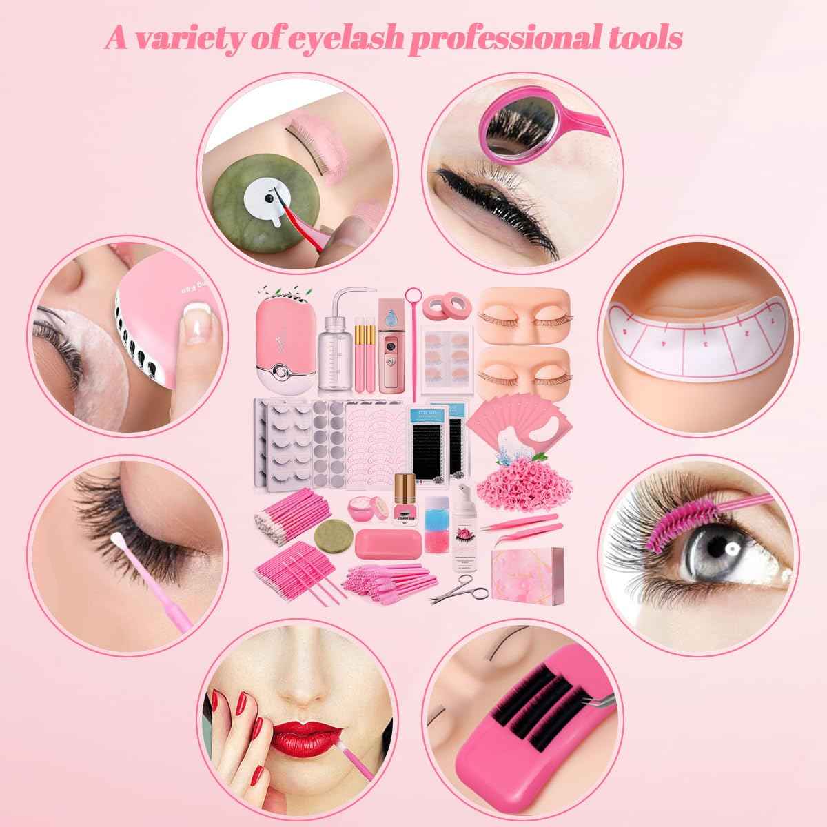 QUKLOGEN Lash Extension Kit for Beginners Lash Mannequin Head with Replaced Eyelids False Eyelashes Practice Eyelash Strips Facial Mister Tweezers Glue USB Fan Professional Set