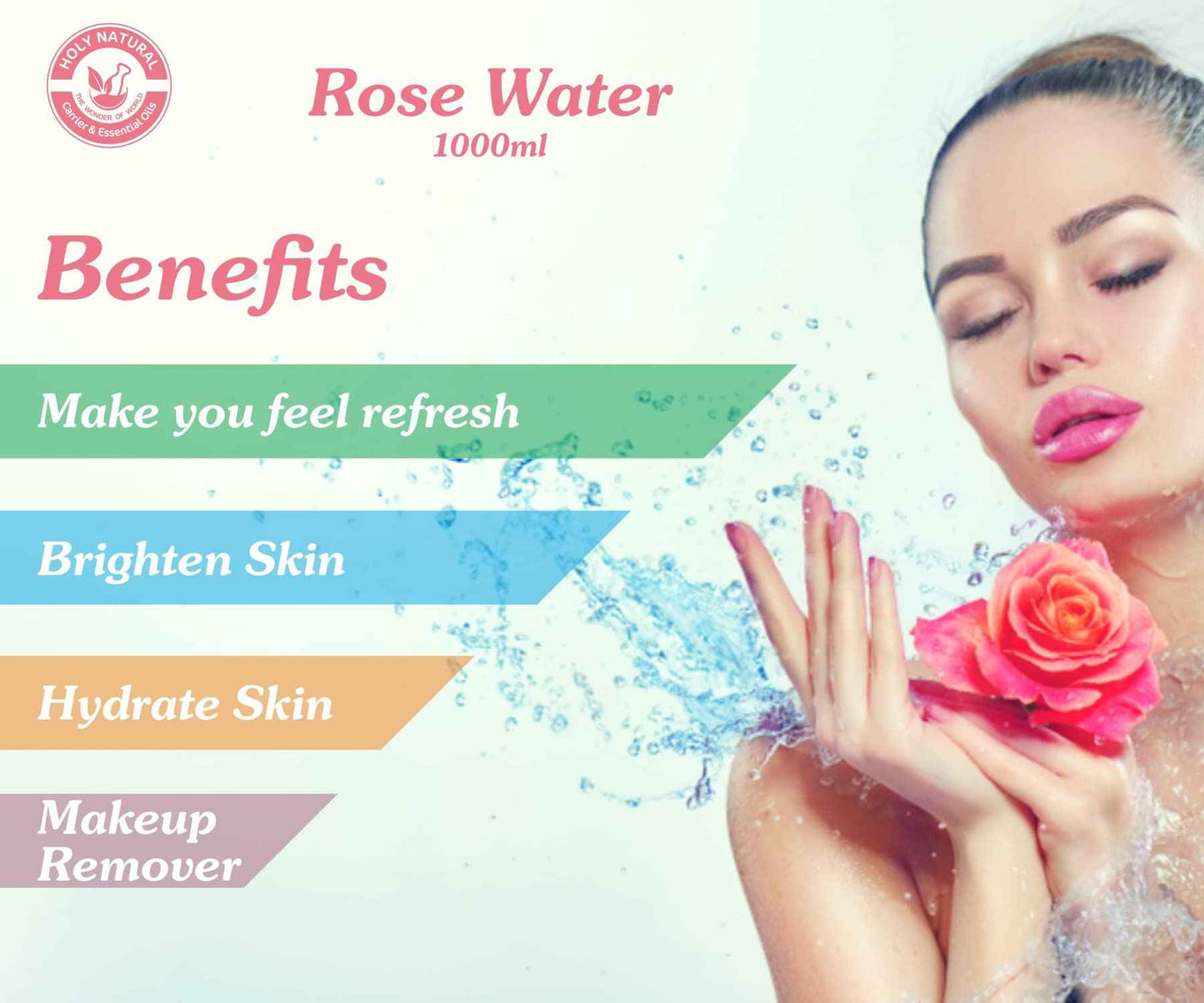Holy Natural Rose Water (1000ml) for Face & Hair Toner Alcohol & Preservative Free