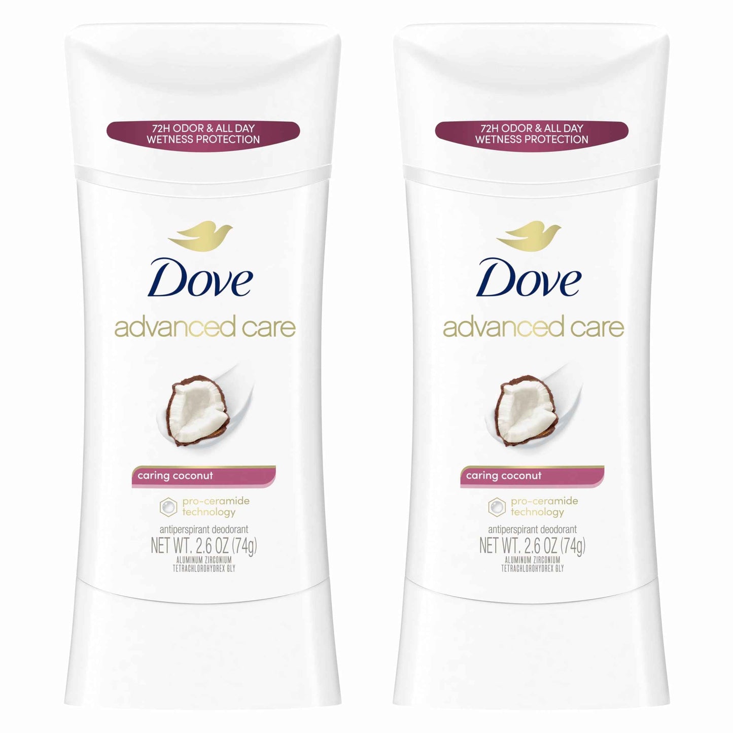 Dove Whole Body Deo Aluminum Free Invisible Cream Deodorant Coconut & Vanilla 72h Odor Control 2.5oz + Dove Advanced Care Antiperspirant Deodorant Stick Caring Coconut Twin Pack 2.6oz