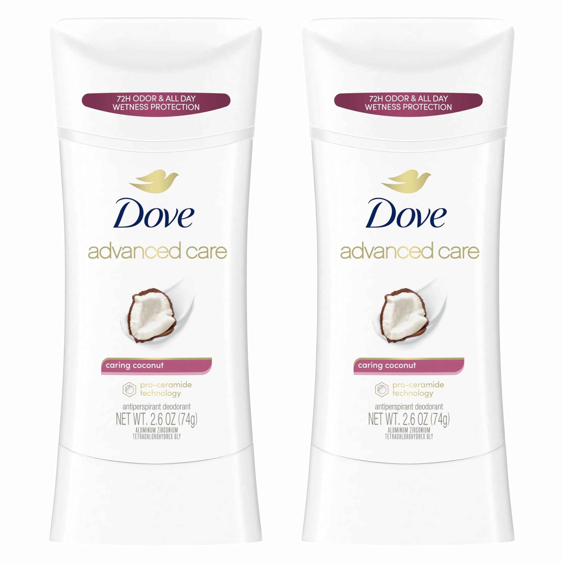 Dove Whole Body Deo Aluminum Free Invisible Cream Deodorant Coconut & Vanilla 72h Odor Control 2.5oz + Dove Advanced Care Antiperspirant Deodorant Stick Caring Coconut Twin Pack 2.6oz