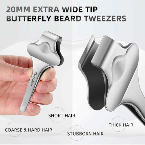 AUSOMTEK Butterfly Beard Tweezers, Hair Plucking, Fine Hair Removal Tweezers, Eyebrows Tool, Stainless Steel, 20mm Wide Tips, Anti-Slip Slot, Brown PU Case 1Pack