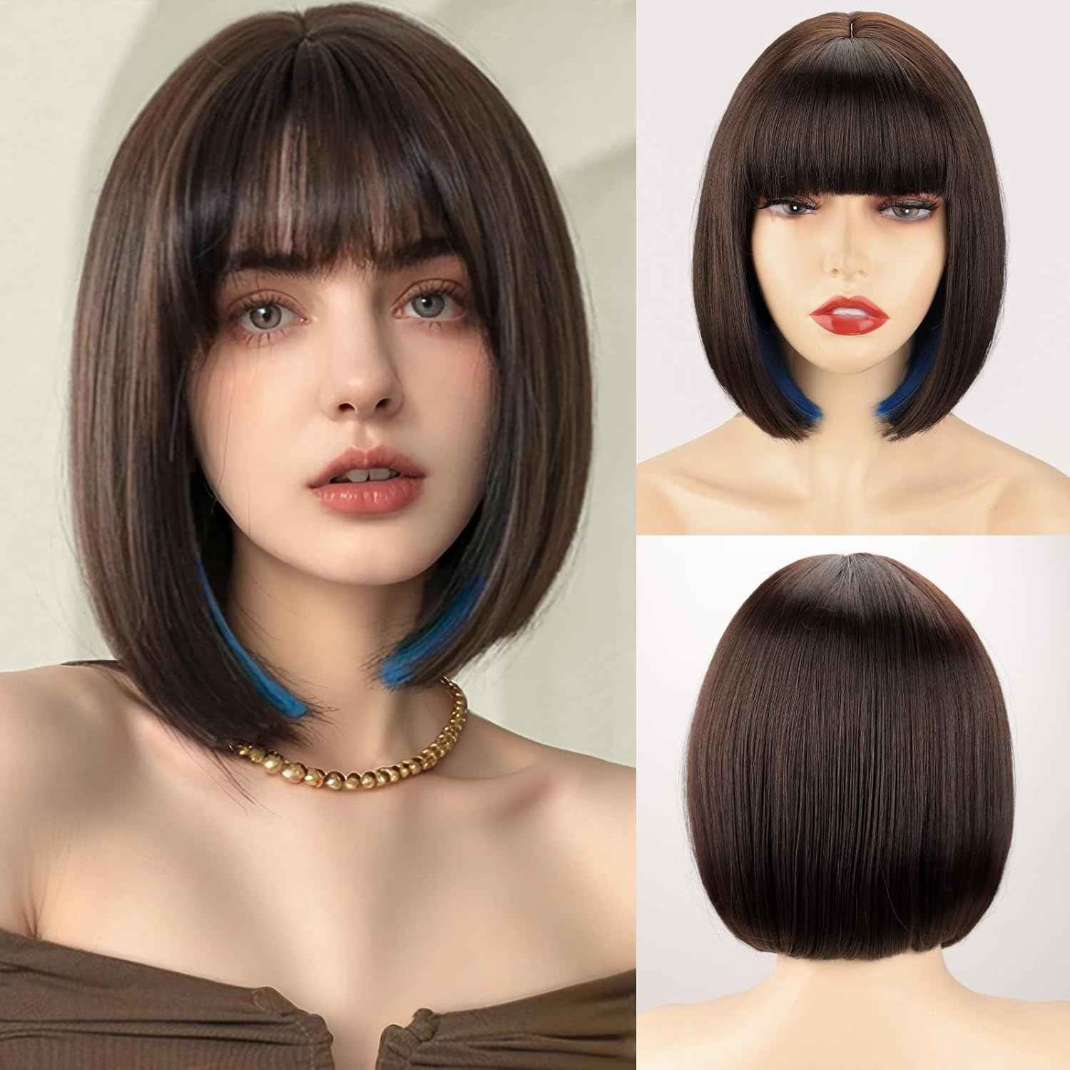Meet Naive Short Bob Wigs With Bangs - 14 Inch Light Brown Yaki Straight Hair Daily Costume Wig For Black Women, Soft Light Synthetic Hair Replacement Wigs Heat Resistant