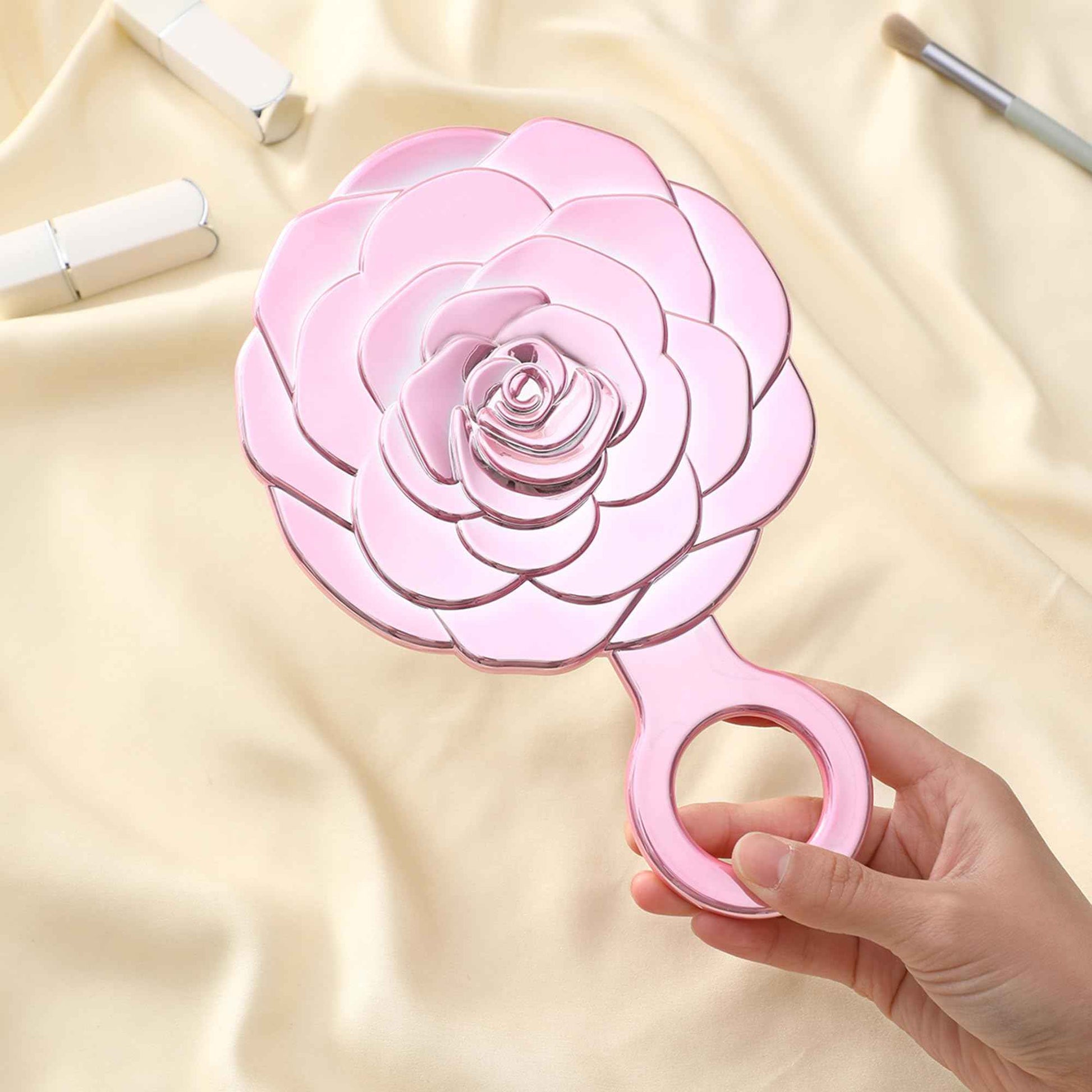 Funerom Round Rosebud Small Hand Mirror Handheld Mirror with Handle Large Hand Mirror (Electroplated Pink, 9.1 x 6 inch)