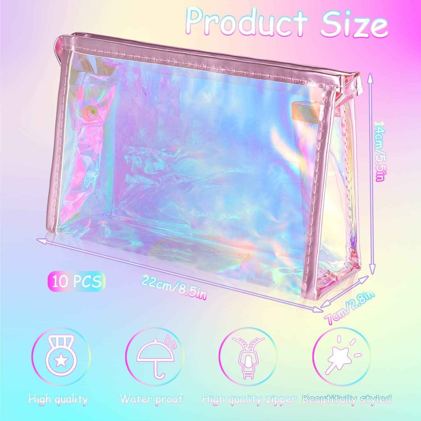 BESARME10 Pcs Holographic Makeup Bags Bulk, Party Favors Party Supplies Clear Portable Zippered Toiletry Bag for Bachelorette Party Waterproof Cosmetic Bags Wedding Gifts for Bride Bridesmaids