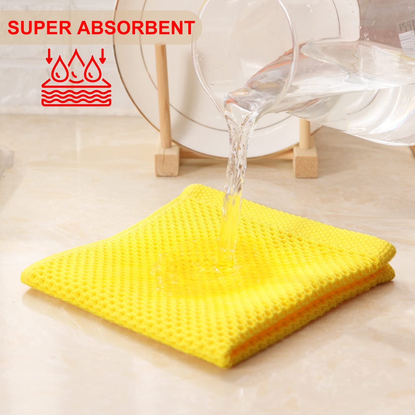 Kitinjoy 100% Cotton Kitchen Dish Cloths, 6 Pack Waffle Weave Ultra Soft Absorbent Dish Towels for Drying Dishes Quick Drying Kitchen Towels Dish Rags, 12 X 12 Inches, Yellow