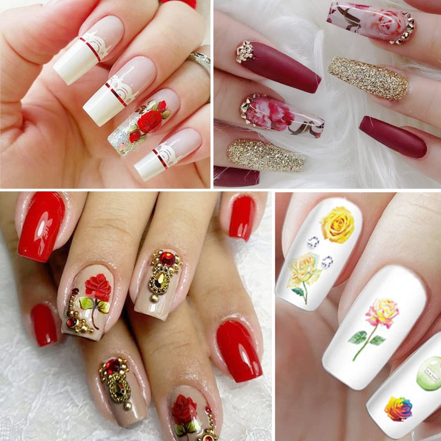 Rose Nail Art Stickers, Flowers Nail Art Decals 3D Self-Adhesive Floral Nail Sticker Design Holographic Red Yellow Pink Black Rose Nail Decal Supplies for Women Girls Manicure Charms Decoration