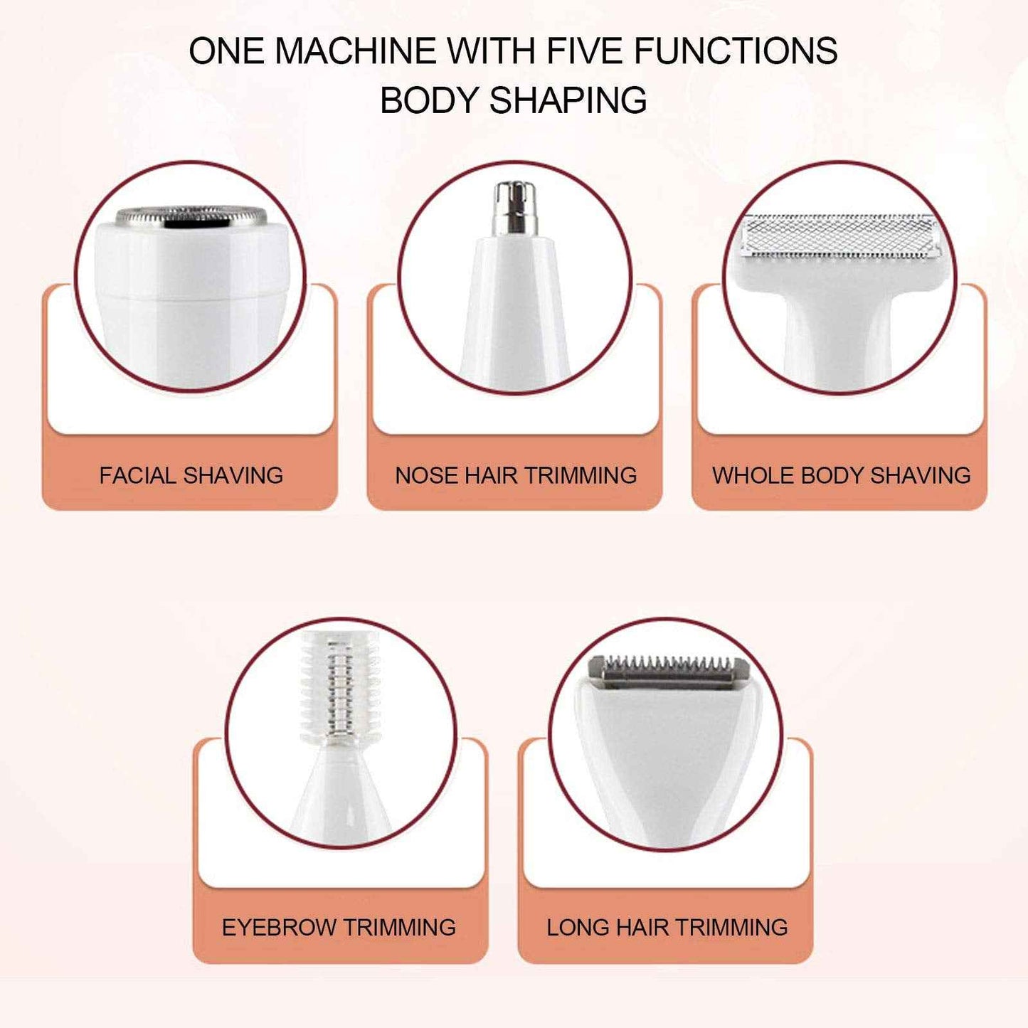USB Rechargeable Electric Epilator for Women Men, 5 in 1 Painless Body Remover with Multifunctional Shaving Head