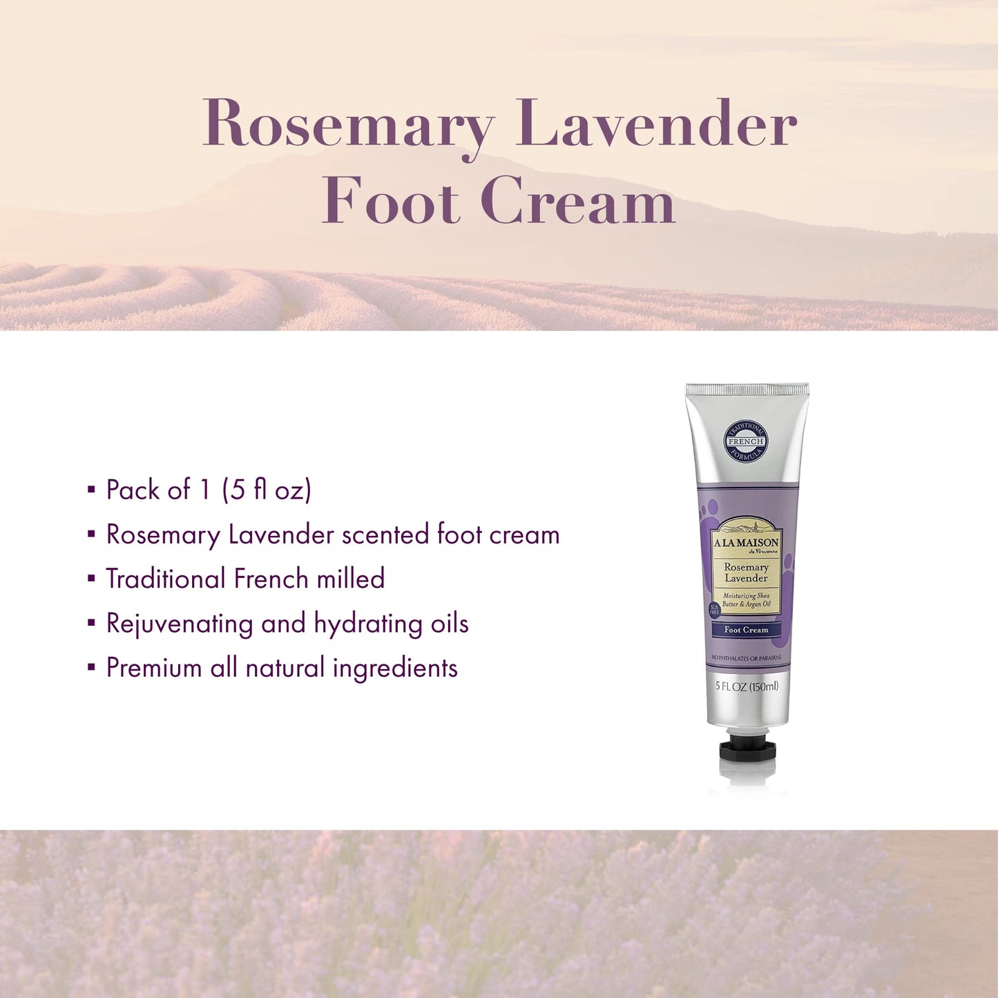 A La Maison Rosemary Lavender Foot Cream Lotion for Dry Skin - Traditional French Natural Hand and Foot Lotion (1 Pack, 5 oz Bottle)