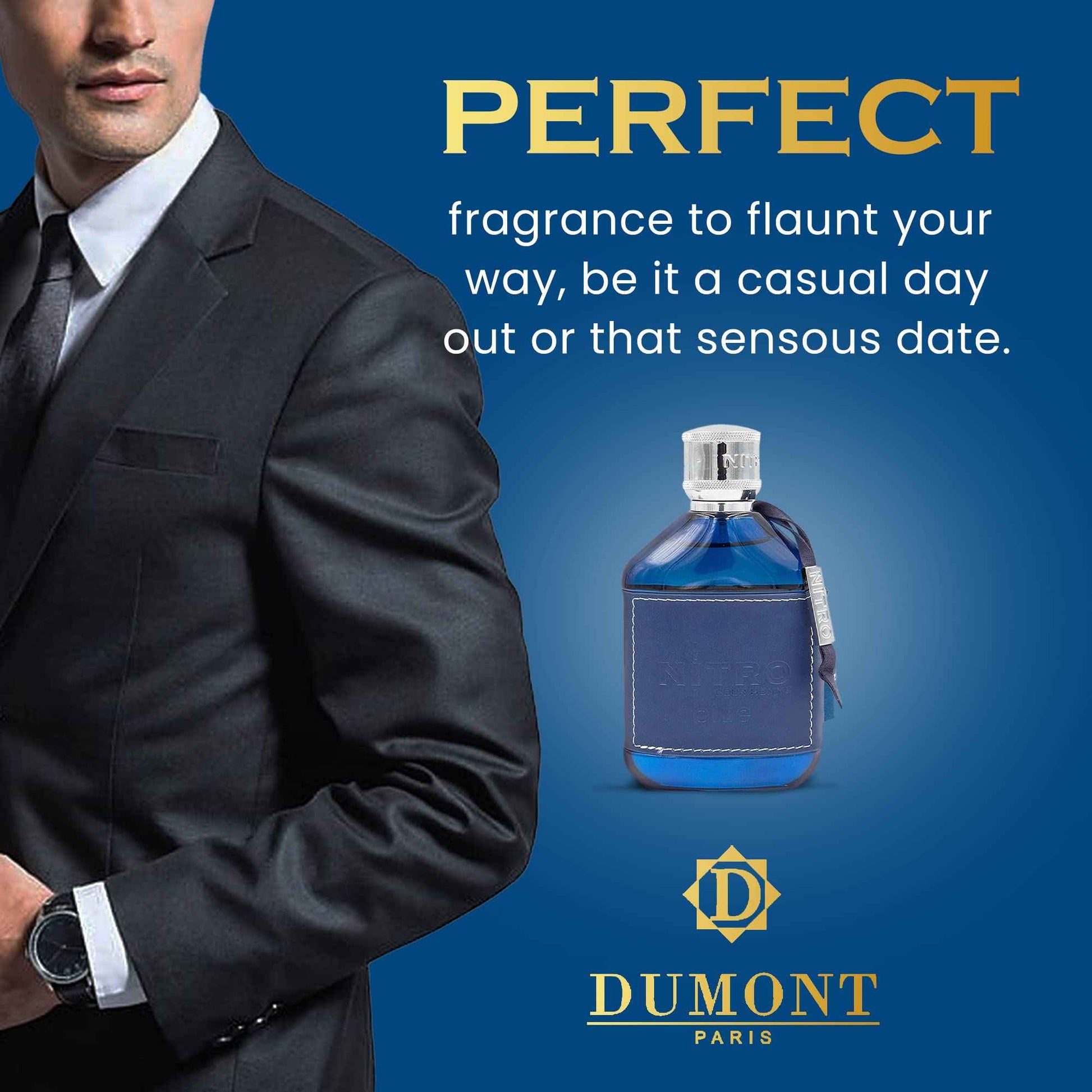 Dumont Nitro Blue Eau De Parfum - Uplifting Floral & Woody Fragrance - 3.4 Fl Oz
