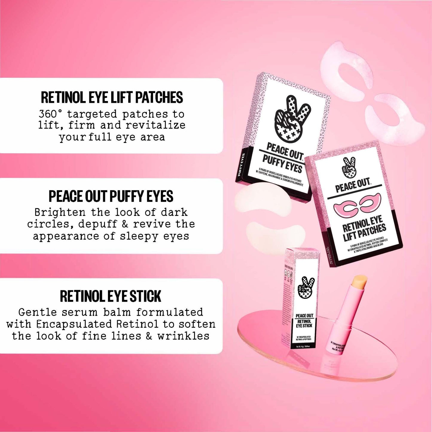 PEACE OUT Retinol Eye Lift Patches to Lift, Firm and Revitalize Tired Eyes, 360° Coverage Targets Fine Lines & Wrinkles, 5 Pack