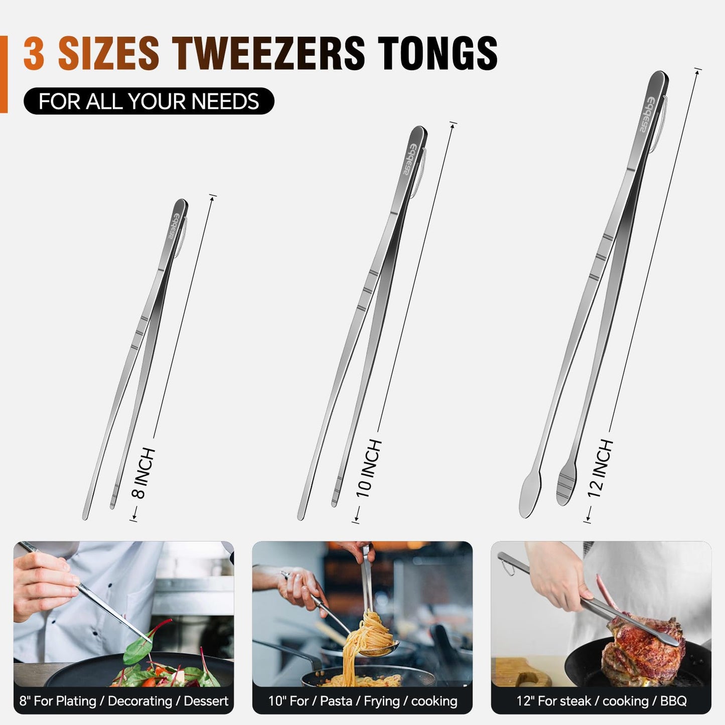 Eddeas Kitchen Tweezers Tongs, Cooking Tweezers Stainless Steel - 3 Size 12'' 10'' & 8 inch Ideal for Meat, pasta, plating and pinching delicate small pieces of food, Set of 3