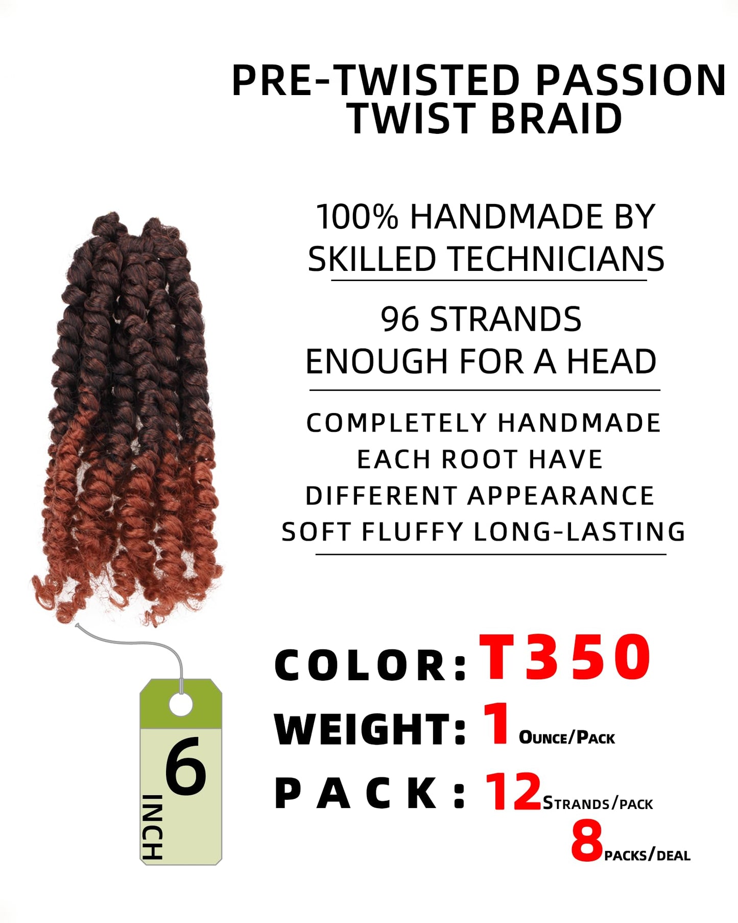 Miss Sula Passion Twist Hair-Pre-twisted Passion Twists,Pre-Looped Crochet Braids Made Of Bohemian Hair Synthetic Braiding Hair Extensions (6 Inch(Pack of 8), T1B/350)