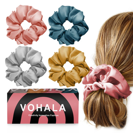 VOHALA 6 Inch Large Satin Scrunchies, 4 Pack 4 Colors Big Hair Scrunchies for Women’s Hair, Spring Soft Scrunchy Hair Bands Ponytail Holder for Girls Women (Peacock Blue+Ginger+Gray+Pink)