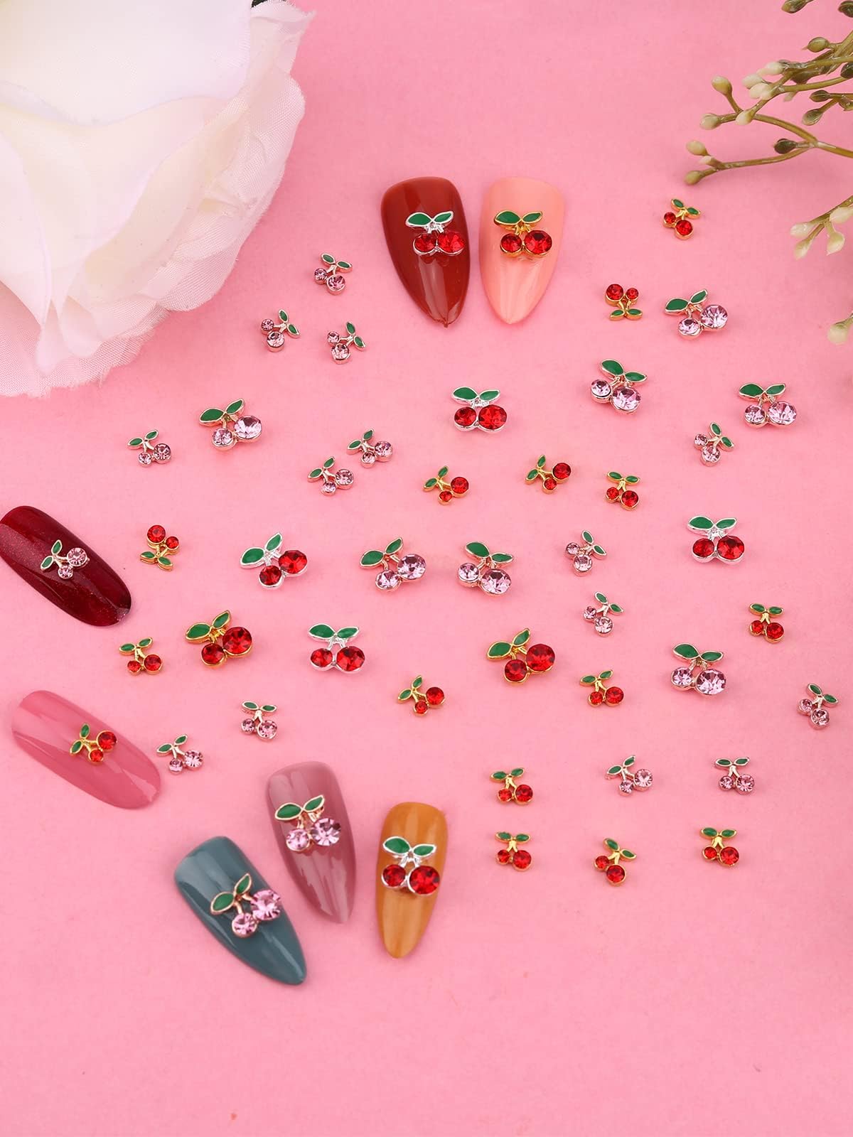 48Pcs Cherry Nail Rhinestones, Kalolary 3D Graduation Charm Red Pink Fruit Diamond Crystal Nail Studs Alloy Nail Gems for Women Nail Art Decoration