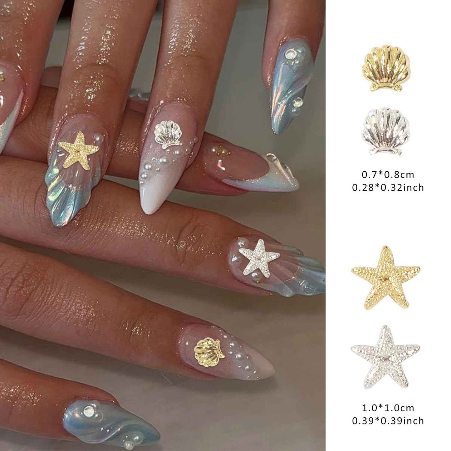 WEILUSI 100PCS Gold Silver Nail Art Charms Ocean Theme Shell Starfish Studs Decals Rivets, Alloy 3D Sea Shell Star Metal Nail Jewelry Supplies for DIY Manicure Decoration
