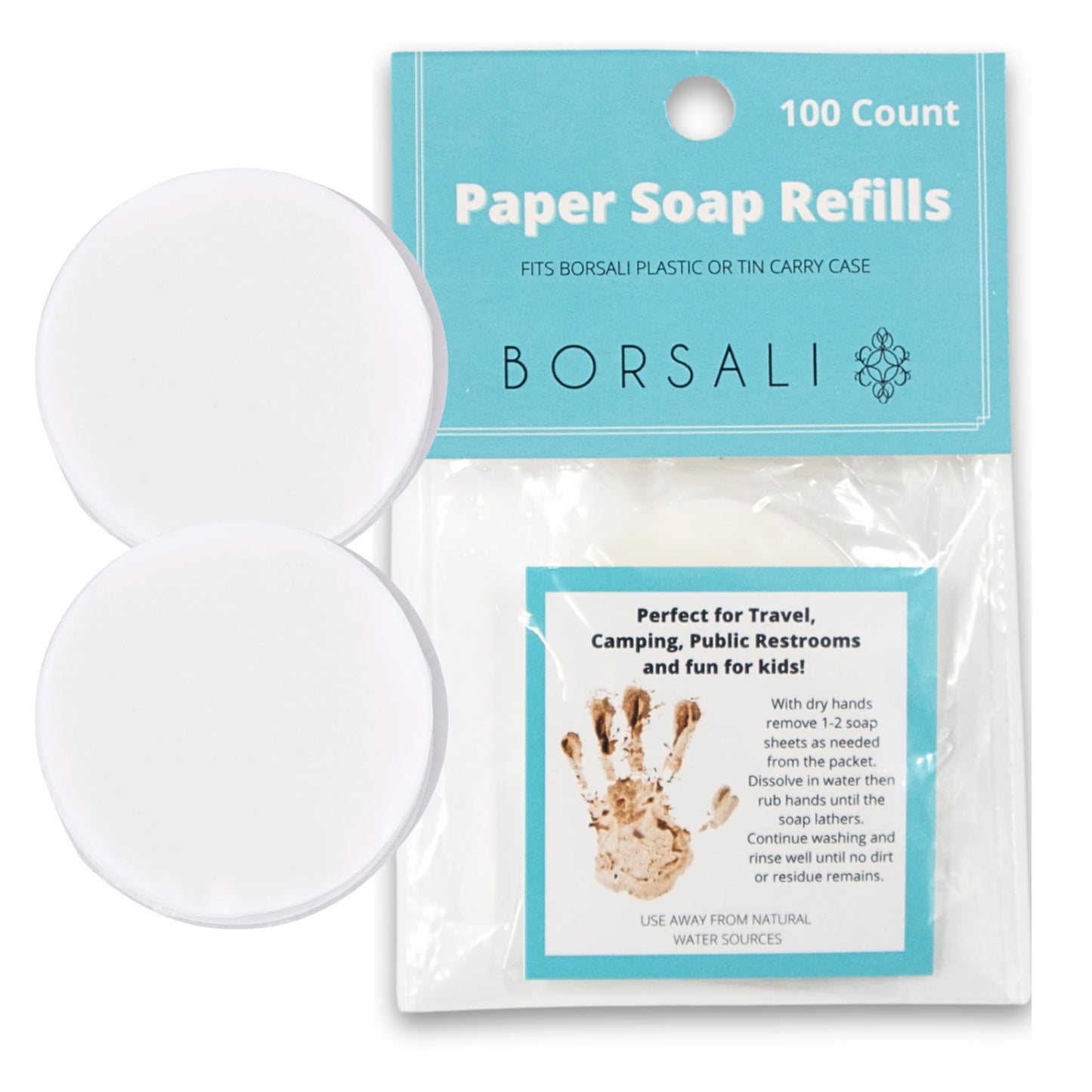 BORSALI Paper Soap Sheets - for Travel - Portable Dissolvable Dry Soap sheets; For Camping, Travel, Public Restrooms; 100 Refill Sheets To Go;