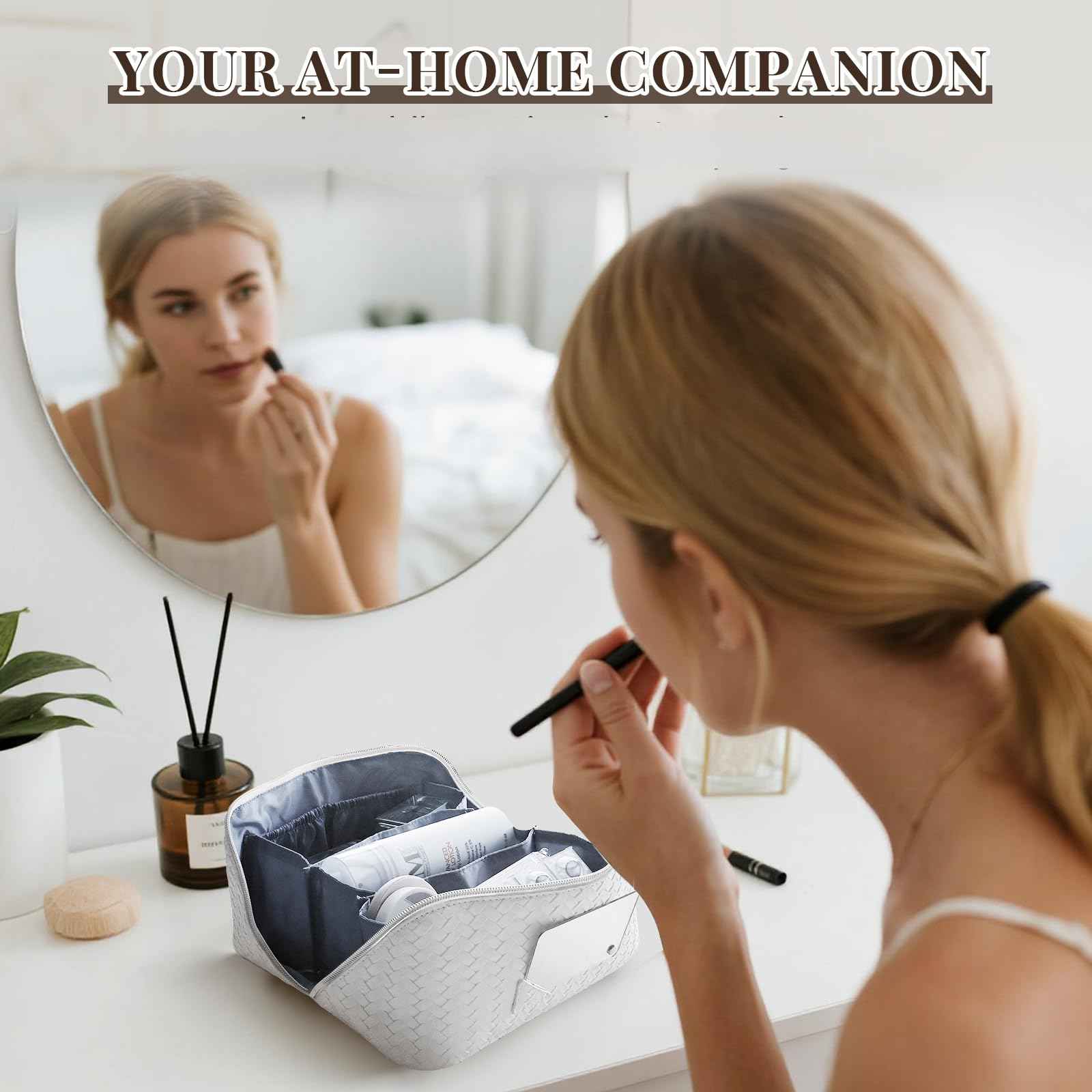 Dogman's Cloud Club Large Checkered Travel Makeup Bag with Mirror – White Plastic Toiletry Bag with 3 Compartments, 4 Side Pouches, Hanging Cosmetic Bag for Skincare, Brides, and Gifts, Easy to Clean