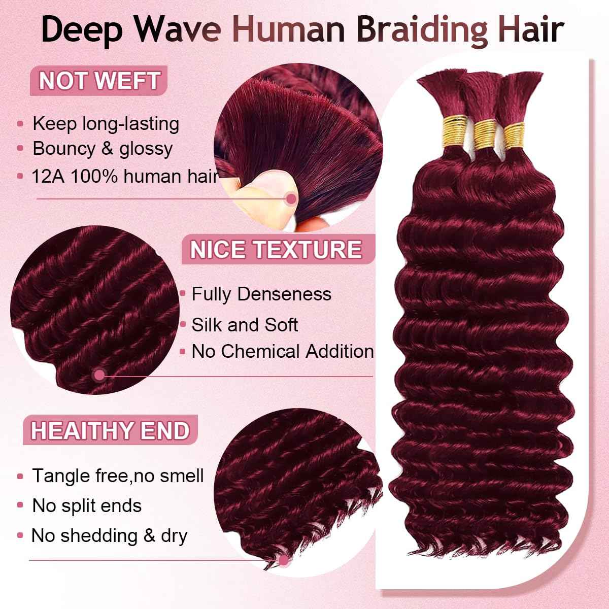 FONFUNY Human Braiding Hair for Boho Braids 120g Deep Wave Boho Bulk Human Hair for Braiding Knotless 12A Curly Wet and Wavy Bohemian Braids No Weft 3 Bundles/Pack Burgundy 14 Inch