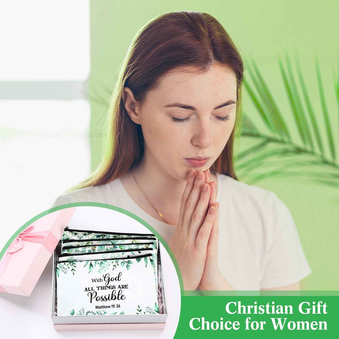 Hillban 36 Pcs Christian Gifts for Women Christian Makeup Bag Bible Verse Cosmetic Bag Inspirational Pencil Case with Zipper Green Leaves Travel Organizer Pouch for Cosmetics Makeup Brushes, 12 Styles