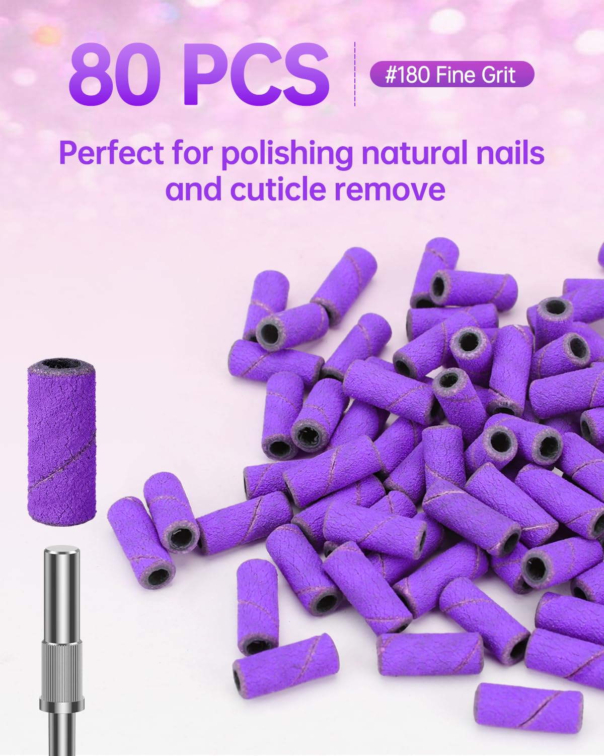 YBLNTEK Sanding Bands for Nail Drill, 80 Pcs Small Sanding Bands with 3.1mm Mandrel Bit, 180 Fine Grit Nail Sanding Bands for Acrylic Nails Gel Removing Nail Salon Home Use, Purple