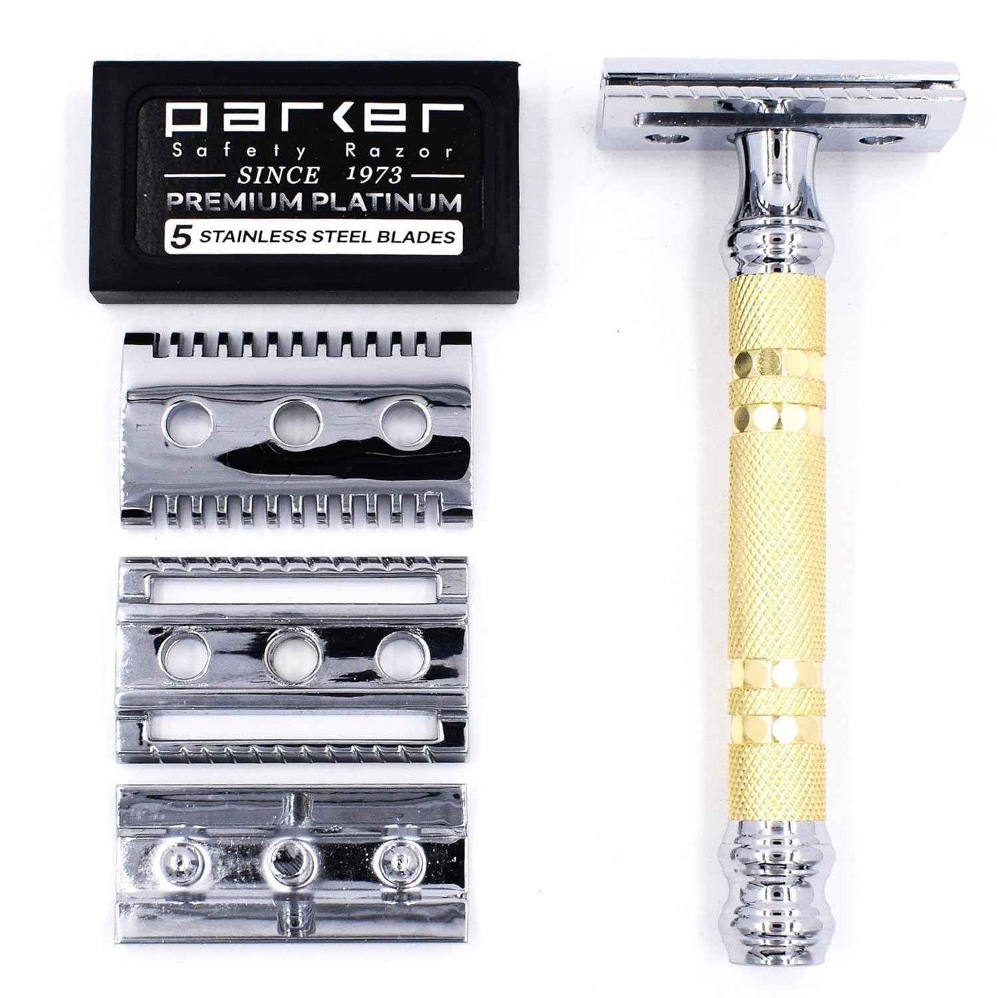 Parker, "The Convertible", Double Edge Safety Razor – Interchangeable Open & Closed Comb Plates, Solid Brass/Chrome 93 g Handle, Customizable Shave from Mild to Aggressive