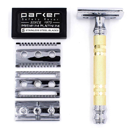 Parker, "The Convertible", Double Edge Safety Razor – Interchangeable Open & Closed Comb Plates, Solid Brass/Chrome 93 g Handle, Customizable Shave from Mild to Aggressive