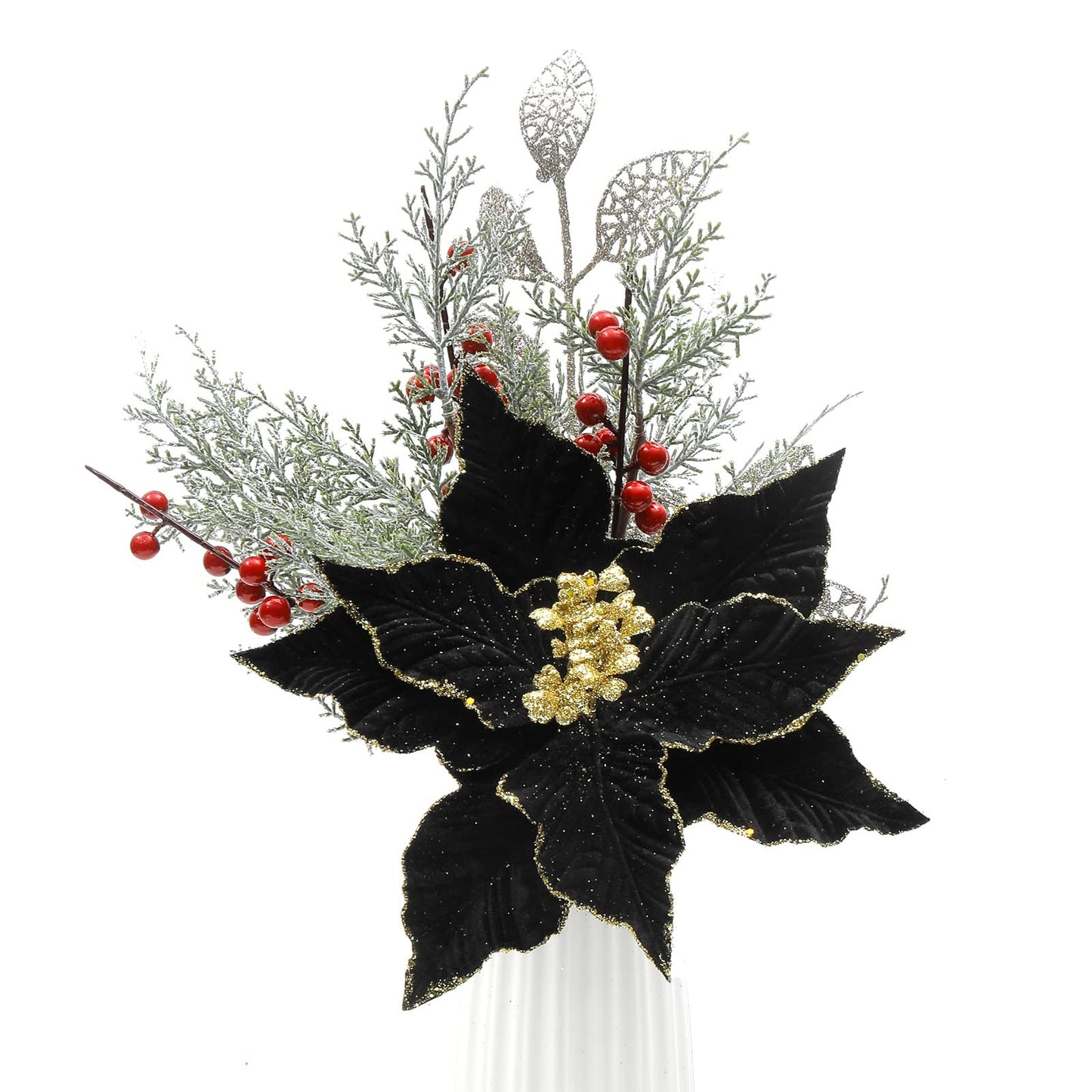 SHACOS 10 pcs 9.8" Large Glitter Poinsettia Flowers Stems Clips Velvet Fabric Floral Picks Christmas Flowers Christmas Tree Ornaments Wreath Garland Decoration, Black