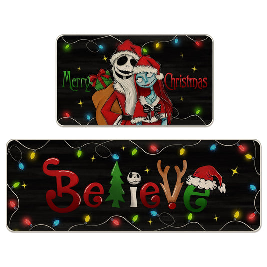 Tailus Merry Christmas Believe Kitchen Rugs Set of 2, Xmas Jack Skellington Sally Black Kitchen Mats Decor, Funny Holiday Floor Door Mat Home Decorations -17x29 and 17x47 Inch