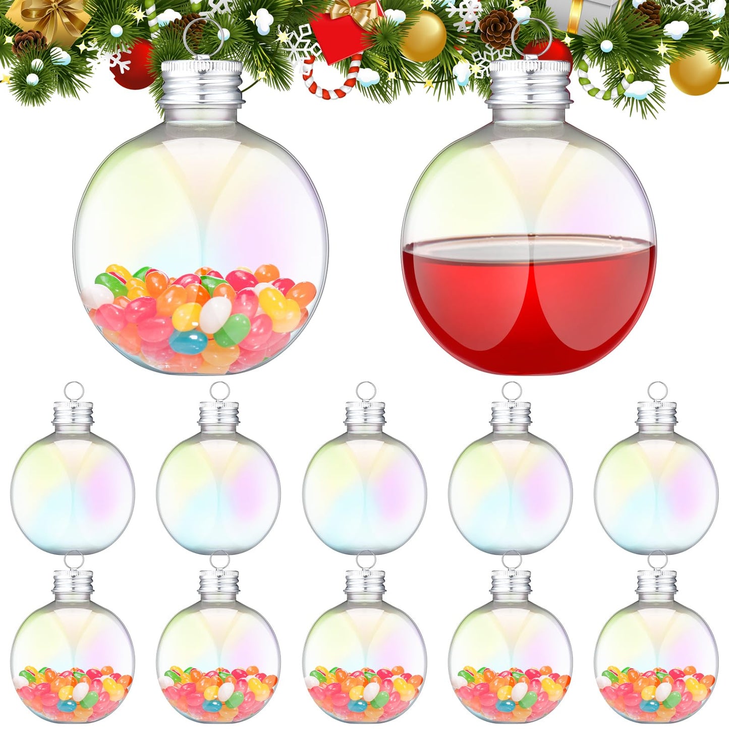 12 Pcs Christmas Drink Balls 3 Inches Drink Ornament Balls Iridescent Christmas Fillable Drinks Christmas Hanging Booze Balls Juice Pendant Bottle Bulbs for Party Decor 250ml