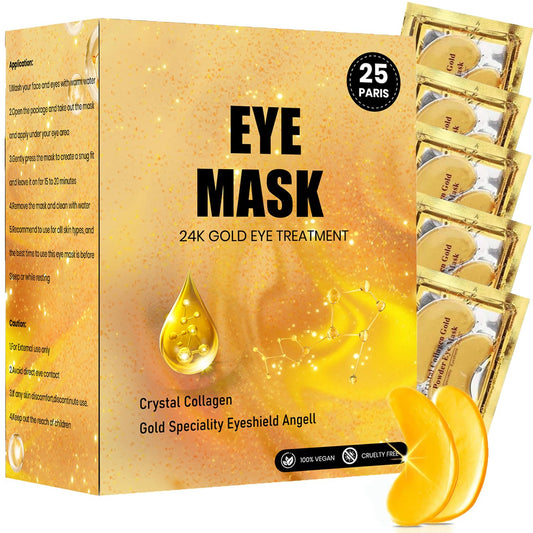 JHSLCHA Gold Eye Mask for Dark Circles and Puffiness, 25 Pairs Under Eye Bags, Wrinkles, 24k Gold Under Skincare Eye Treatment Patches for Puffy Eyes