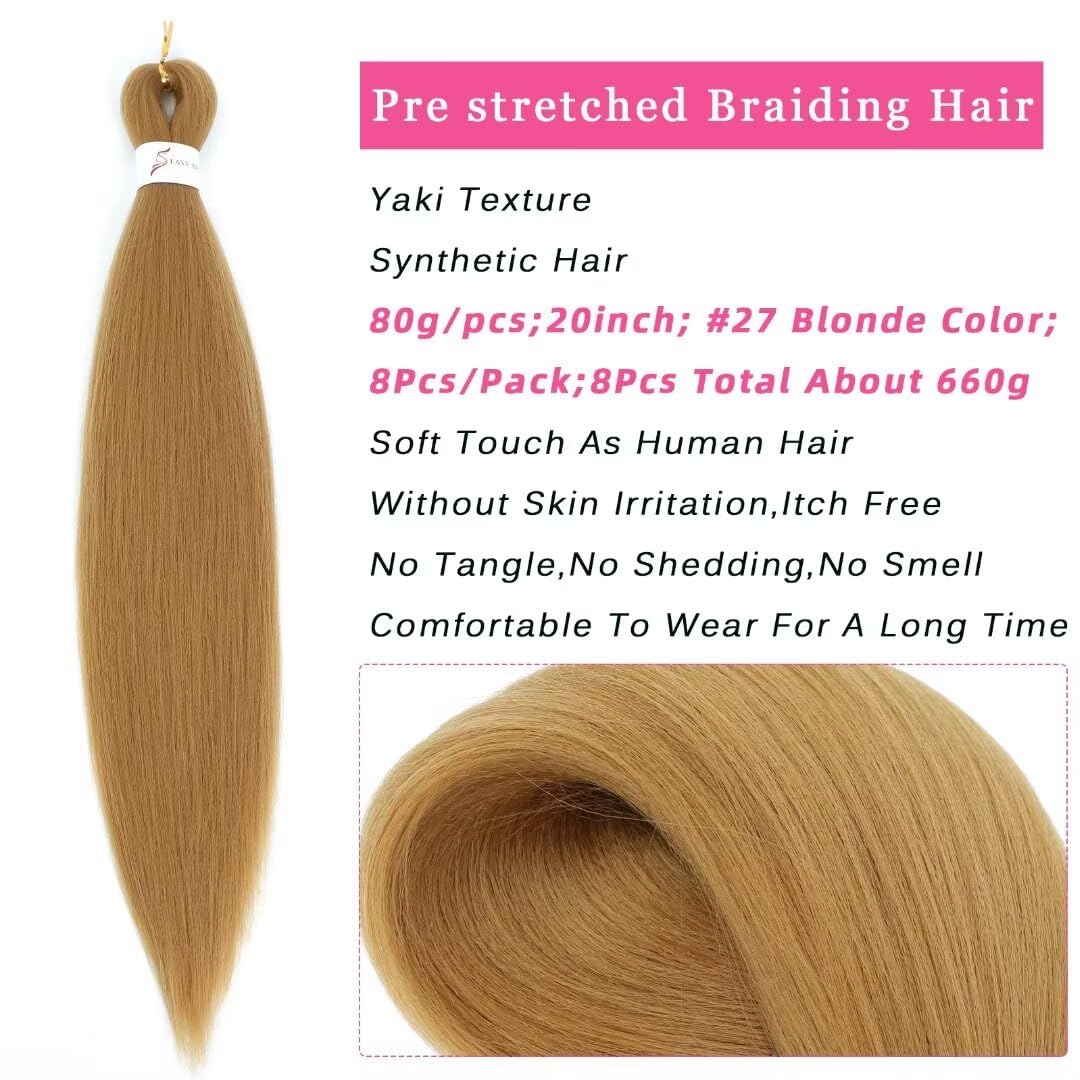 Msloosily 27 Braiding Hair Pre Stretched 8 Packs 20inch Honey Blonde Braiding Hair Pre Stretched Synthetic Fiber Crochet Braids Hair Extension Hot Watter Setting 80g/pack(#27,8Packs,20inch)