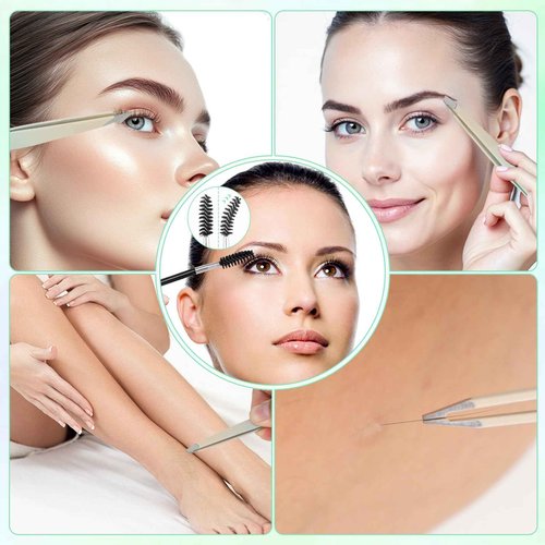 6 PCS Tweezers Set for Women, Eyebrow Tweezers Set with Curved Scissor for Ingrown Hair, Plucking Daily Beauty Tool with Leather Travel Case for Gifts (Gradient Green)