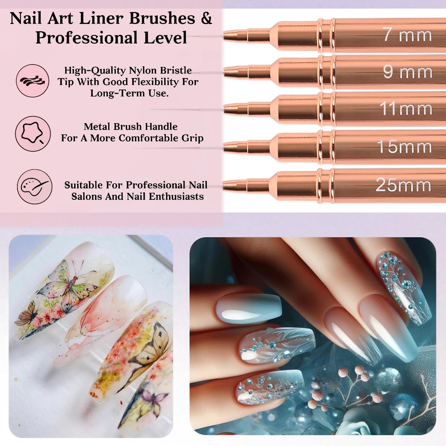 5pcs Nail Art Liner Brushes,Liner Brush For Nails,Nail Art Brush For Long Lines,Thin Details,Fine Drawing,Liner Brush UV Gel Polish Painting Nail Design Sizes 7/9/11/15/25mm（Rose Golden）