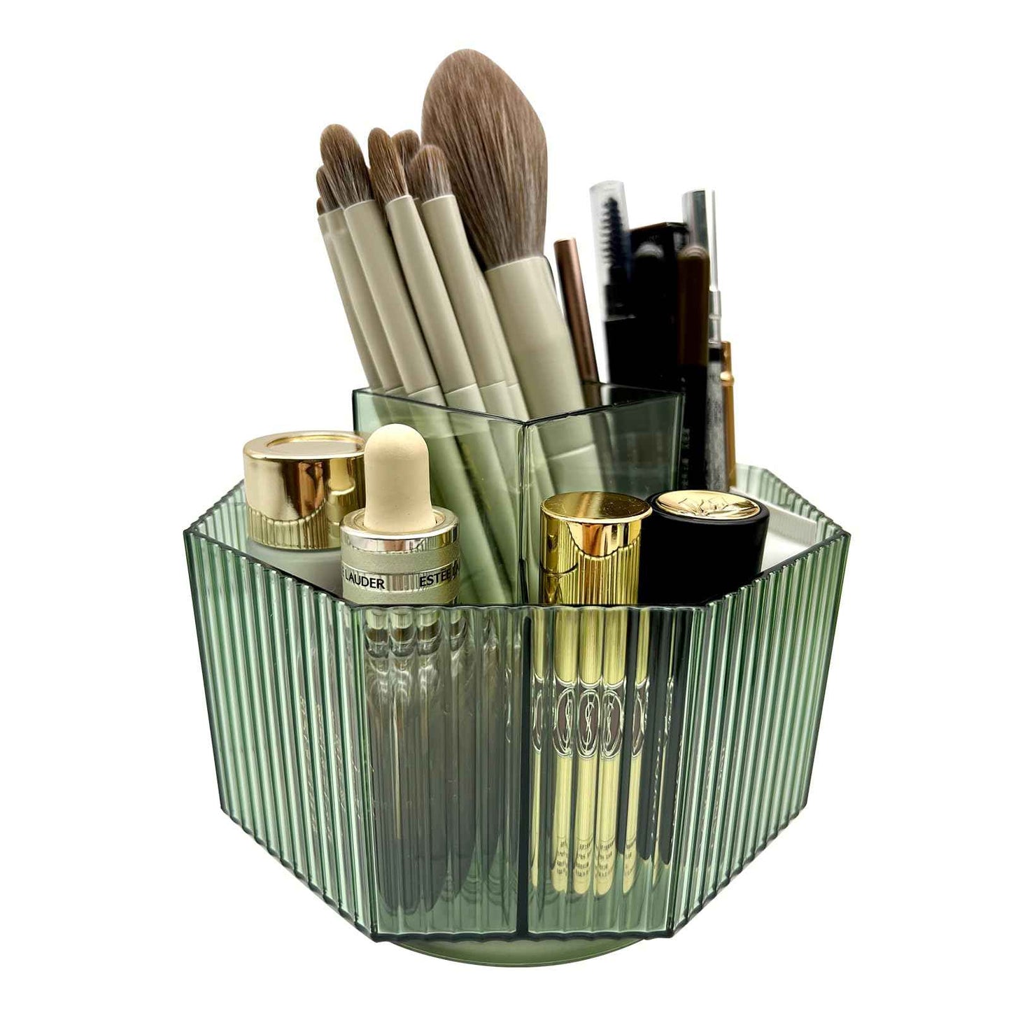 LiteTour Rotating Desk Organizer, Multi-Compartment Makeup Brush Holder, Skincare Storage, Office Supplies, Stationery, Home & Countertop Organizer for Vanity, Bathroom & Kitchen Crystal Green 360°