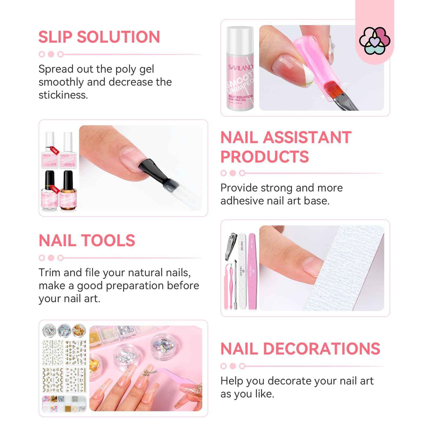 Saviland All-in-1 Poly Gel Nail Kit：6 PCS Nail Extension Kit with 220W U V Light Slip Solution Base & Top Gel Dual Forms U V Gloves for Home Salon