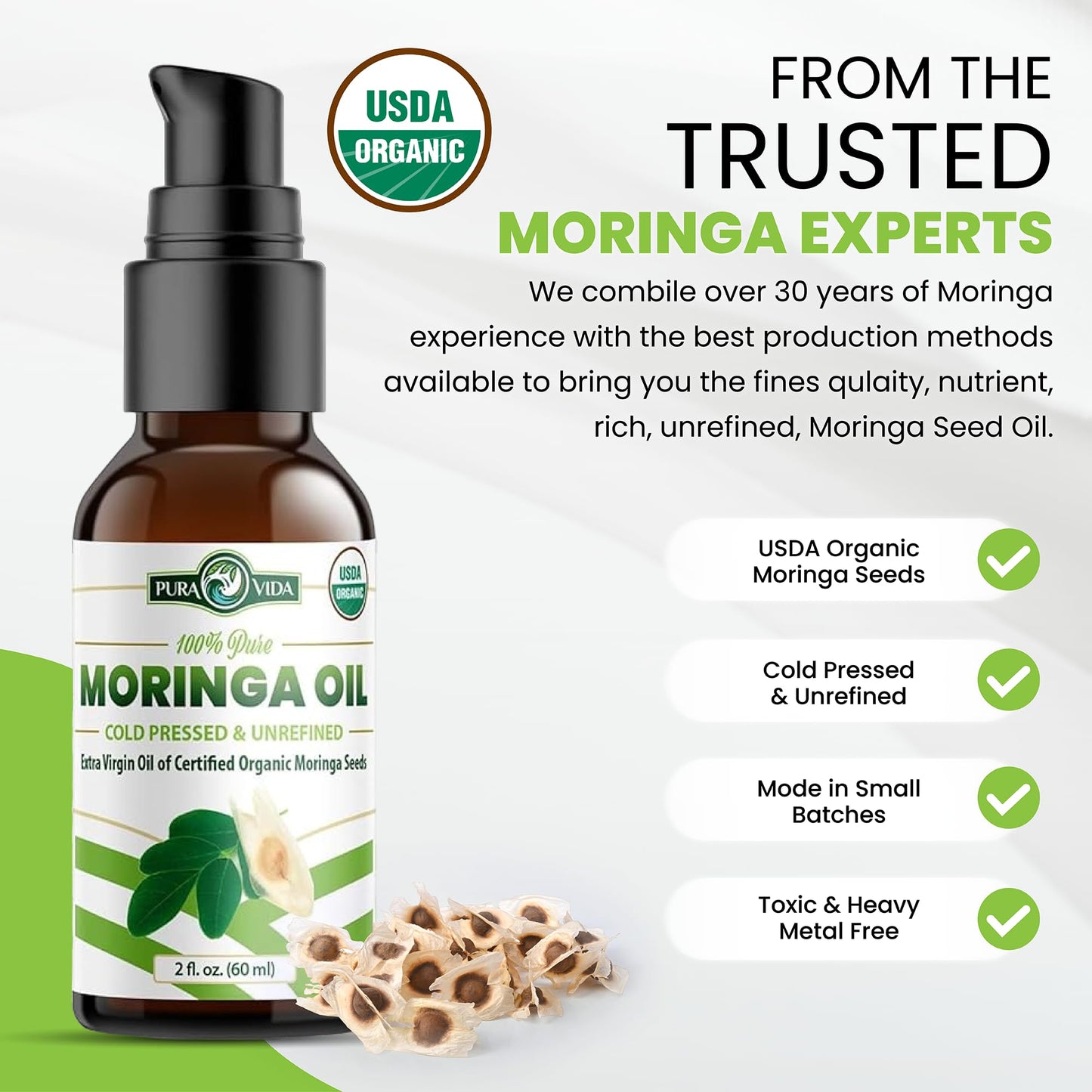 100% Pure Moringa Oil Organic for Face, Hair, Nails and Dry Skin - USDA Certified Single Origin Moringa Oleifera Seeds Extract - 3rd Party Tested, Cold Pressed & Unrefined Organic Moringa Seed Oil