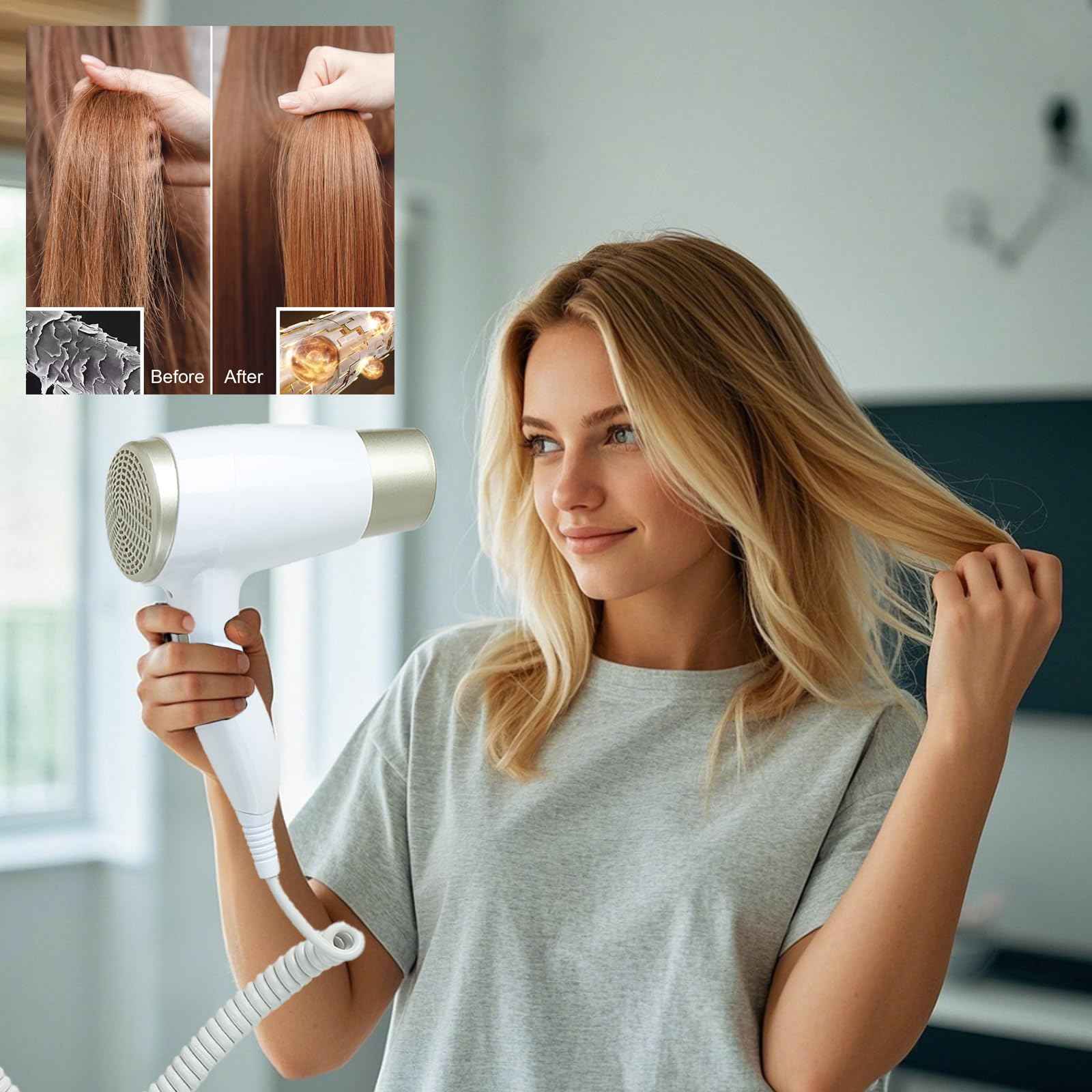 Wall Mounted Hair Dryer for Bathroom - 110V Professional Blow Dryer with Fast Drying Salon Motor, Heavy Duty Wall Mount Hairdryer with Stand Rack, Includes Screws+Adhesive