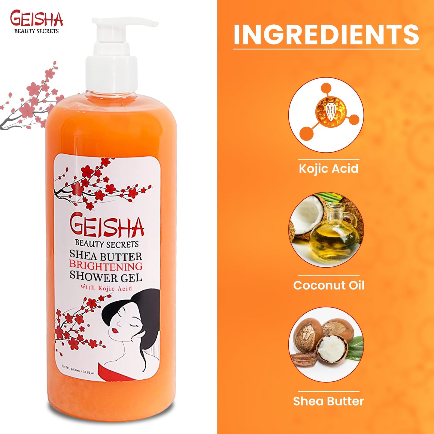 Geisha, Kojic Acid Skin Brightening Body Wash - 33 Fl oz / 1000 ml - Even Out Skin Tone, Skin Radiance, Face and Body Shower Gel, with Coconut Oil and Shea Butter