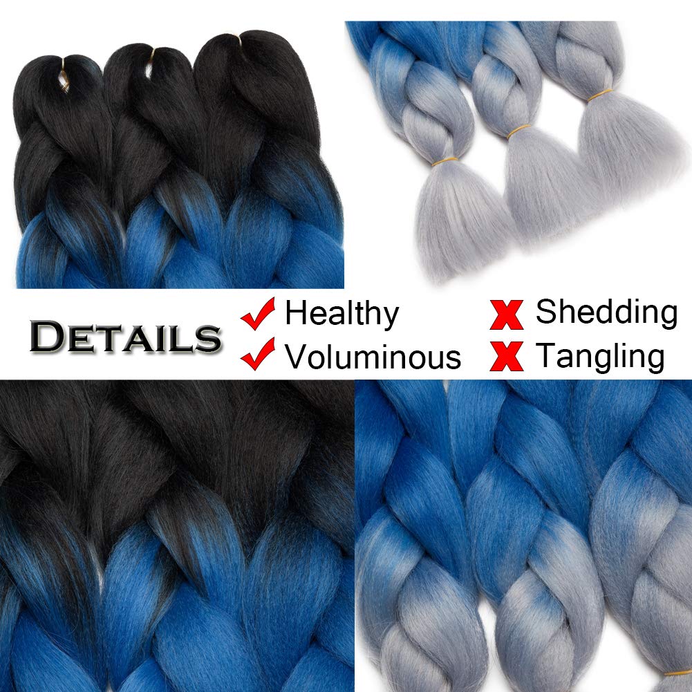 Benehair Ombre Braiding Hair 1 Bundle 24inch Jumbo Braiding Hair Extensions High Temperature Synthetic Braid Hair Braiding Hair Pre Stretched Braid Extensions (Black+Blue+Grey)