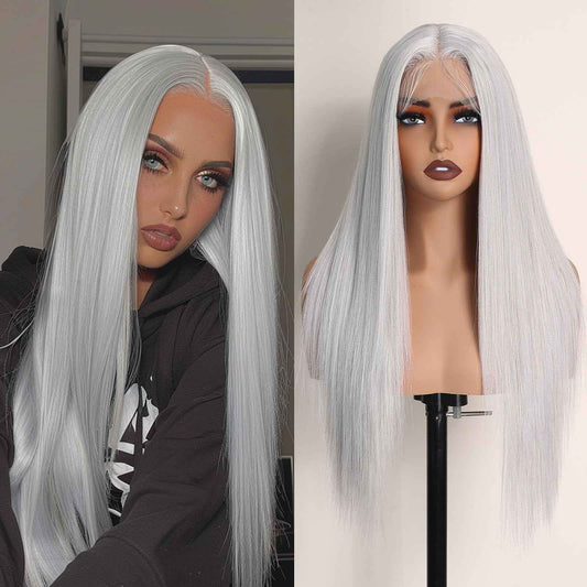X-TRESS White Blonde Light Grey Glueless Lace Front Wig Pre Plucked Middle Part Straight Synthetic Lace Frontal Wigs 26 Inch Platinum Blonde Wigs