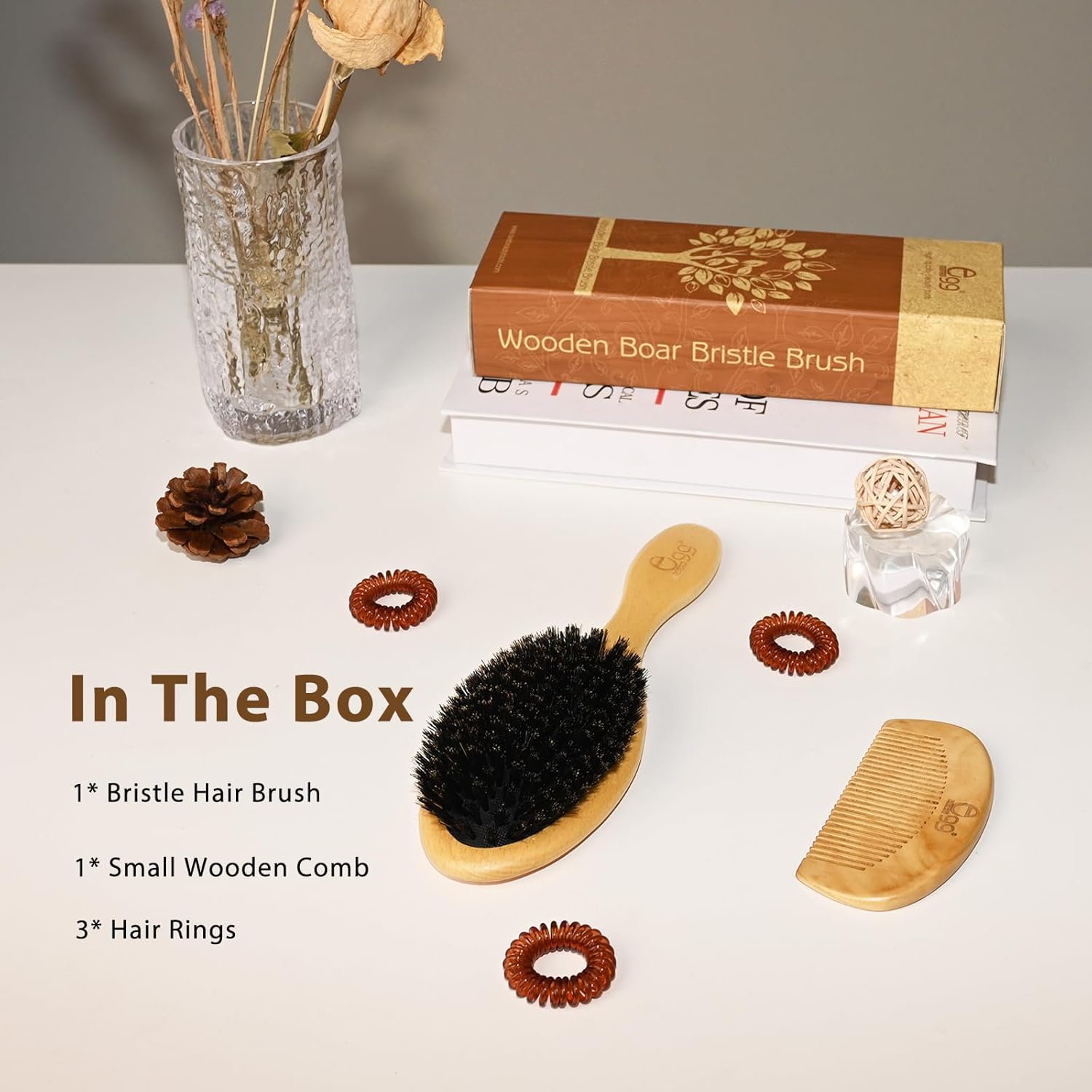BLACK EGG Boar Bristle Hair Brush for Women Men Kid, Soft Natural Bristles Brush for Thin and Fine Hair, Restore Shine and Texture, Set includes Bamboo comb and 3 hair ties