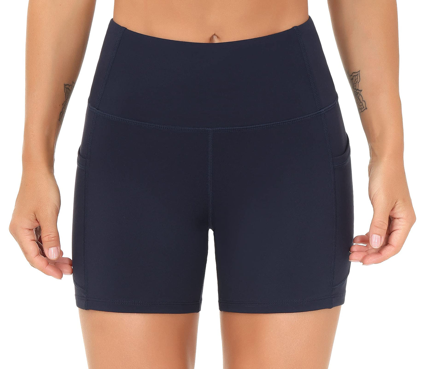 THE GYM PEOPLE High Waist Yoga Shorts for Women's Tummy Control Fitness Athletic Workout Running Shorts with Deep Pockets (Small, Navy Blue)