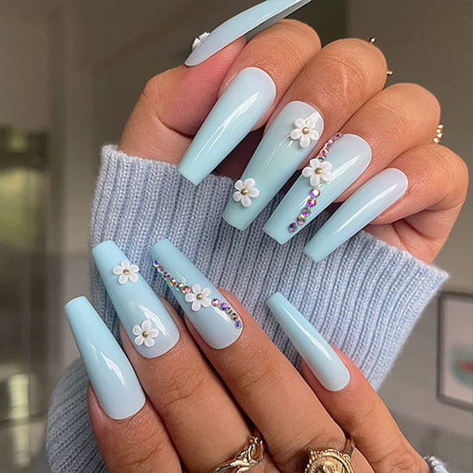 24Pcs Blue Press on Nails Short Leuhiove Matte Fake Nails with hologram Rhinestones Strobe Design Short False Nails with Glue on Nails Acrylic Nails Decoration Stick on Nails for Women Girls