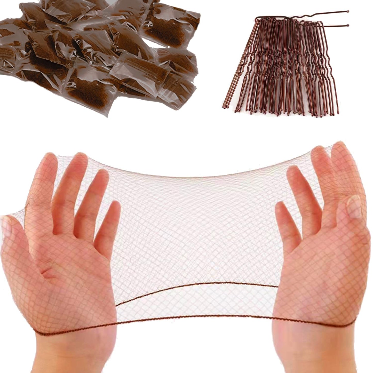 letaomei Hair Net 80 Pcs and U Shaped Pins Set 30 Pcs,22Inches Hairnet Individual Package Invisible Elastic Edge Mesh Hair Nets for Buns Women Food Serive Dancer(Brown)