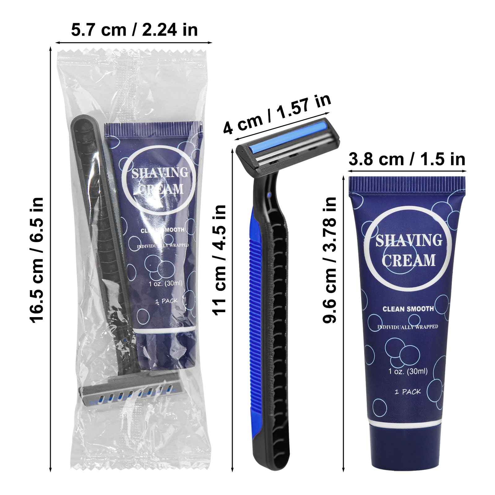 Shaving Razor Set, Disposable Individually Wrapped Manual Twin Blade Razors in Bulk Smooth Shaving Razors with Mini Shaving Cream Toiletries for Hotel Charity Camping Travel Homeless 1oz (Pack of 60)