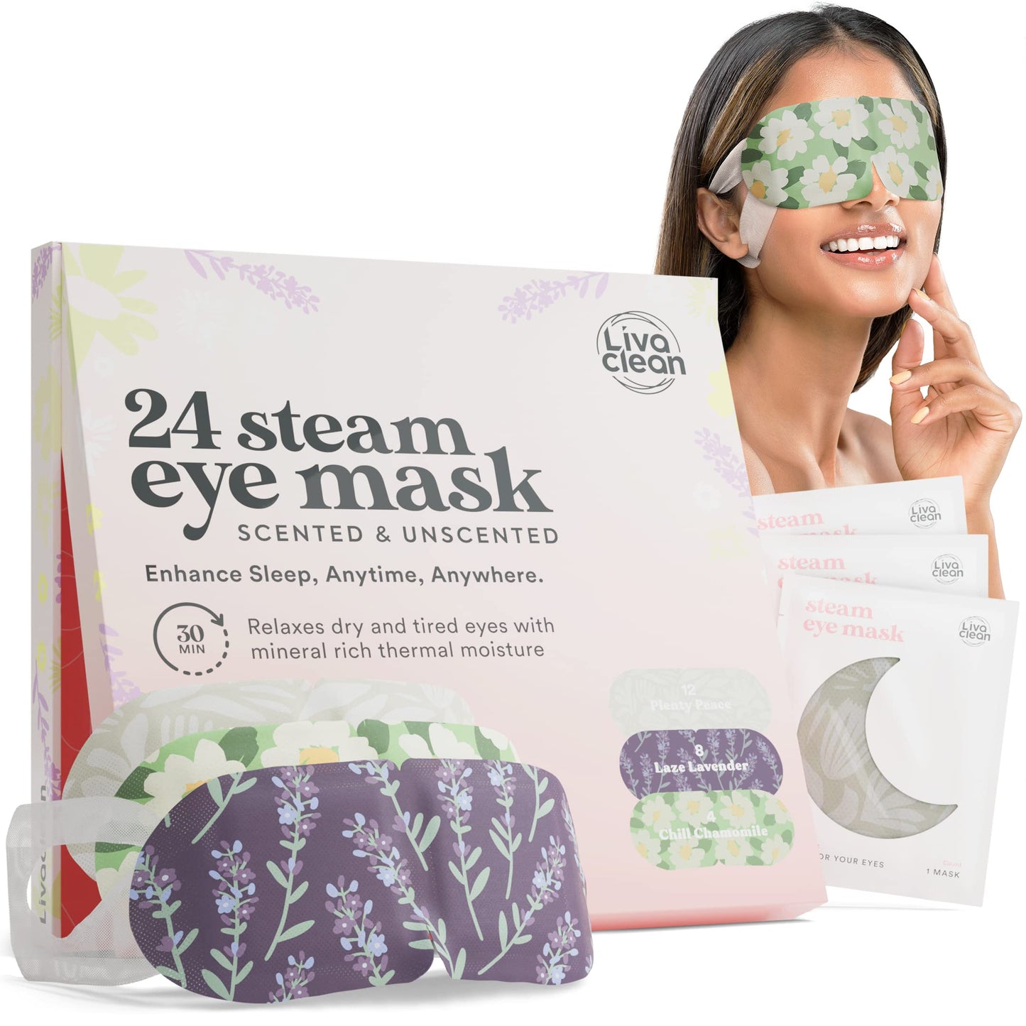 LivaClean 24 CT Steam Eye Mask for Dry Eyes - Mix Scented Masks - Eye Steam Mask Self-Heating Eye Mask for Sleeping - Heat Eye Mask for Dry Eye - Disposable Eye Mask Warm, Eye Warmer, Heated Eye Mask