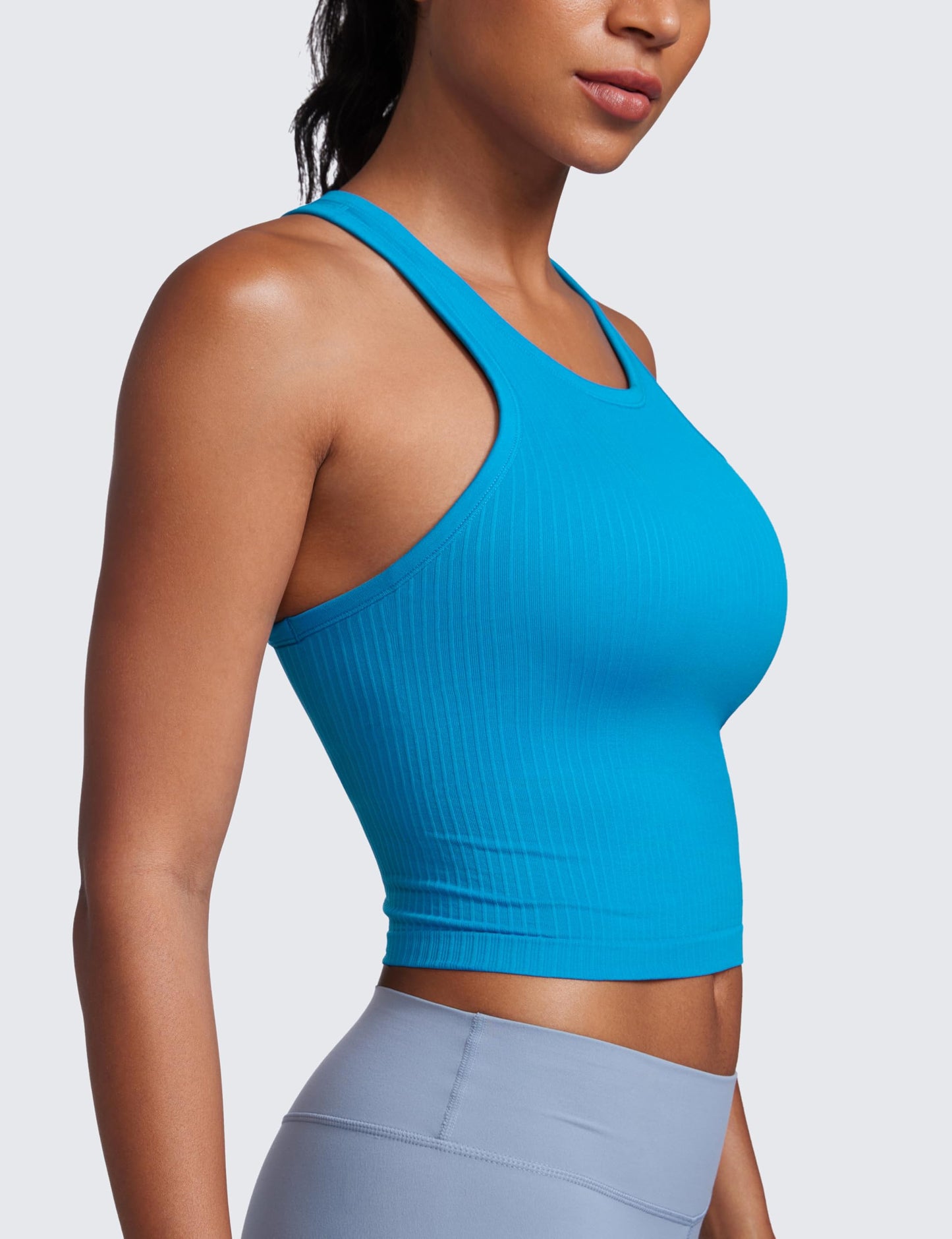 CRZ YOGA Womens Seamless Ribbed Longline High Neck Sports Bra - Racerback Padded Slim Fit Crop Tank Top with Built in Bra Madagascar Blue X-Small