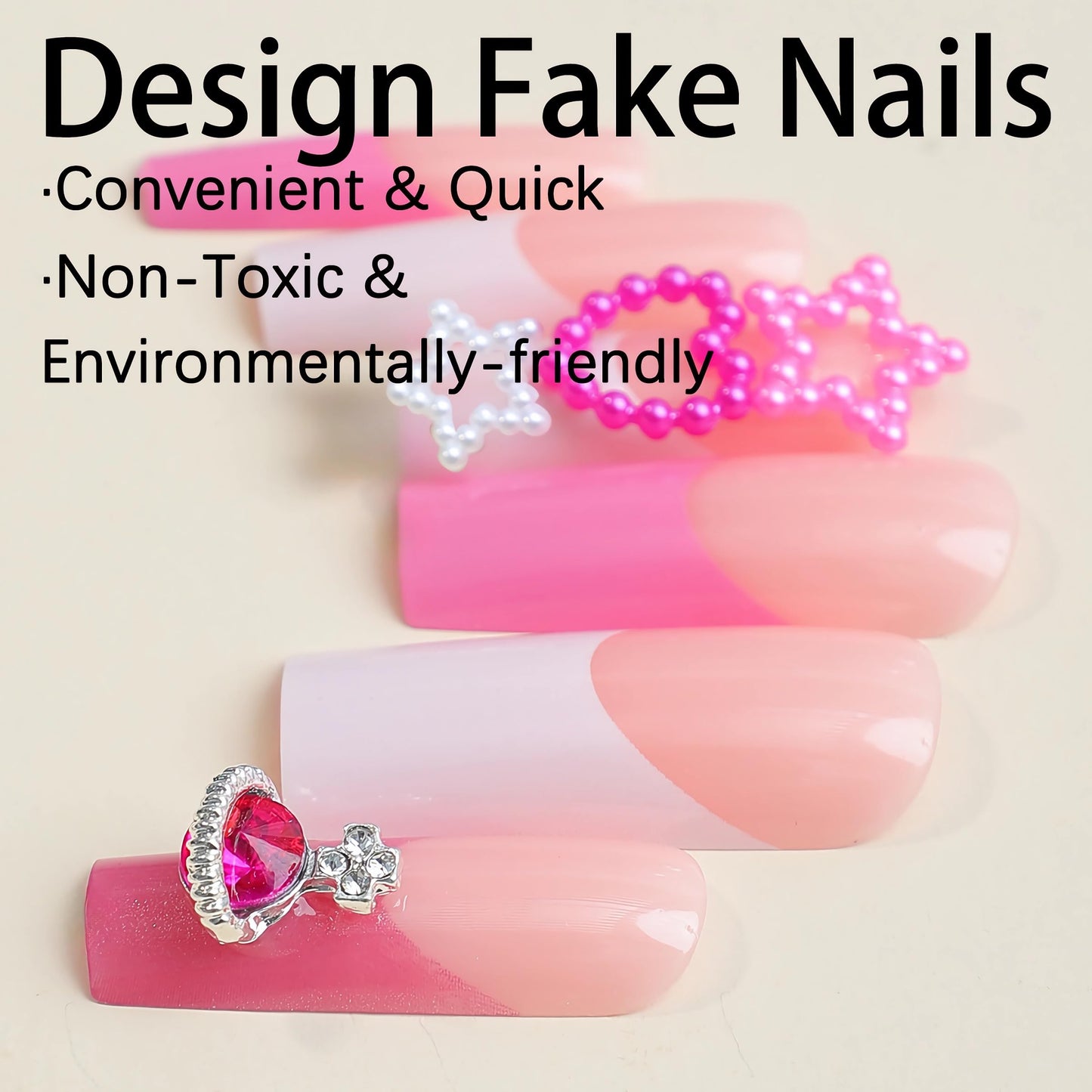 BABALAL Pink Press on Nails Long Square Fake Nails Cute Glue on Nails 3d Bear Candy Star Heart Strawberry Charm Acrylic Nails Rhinestone Squoval Manicure Stick on False Nails 24Pcs Nails Press on