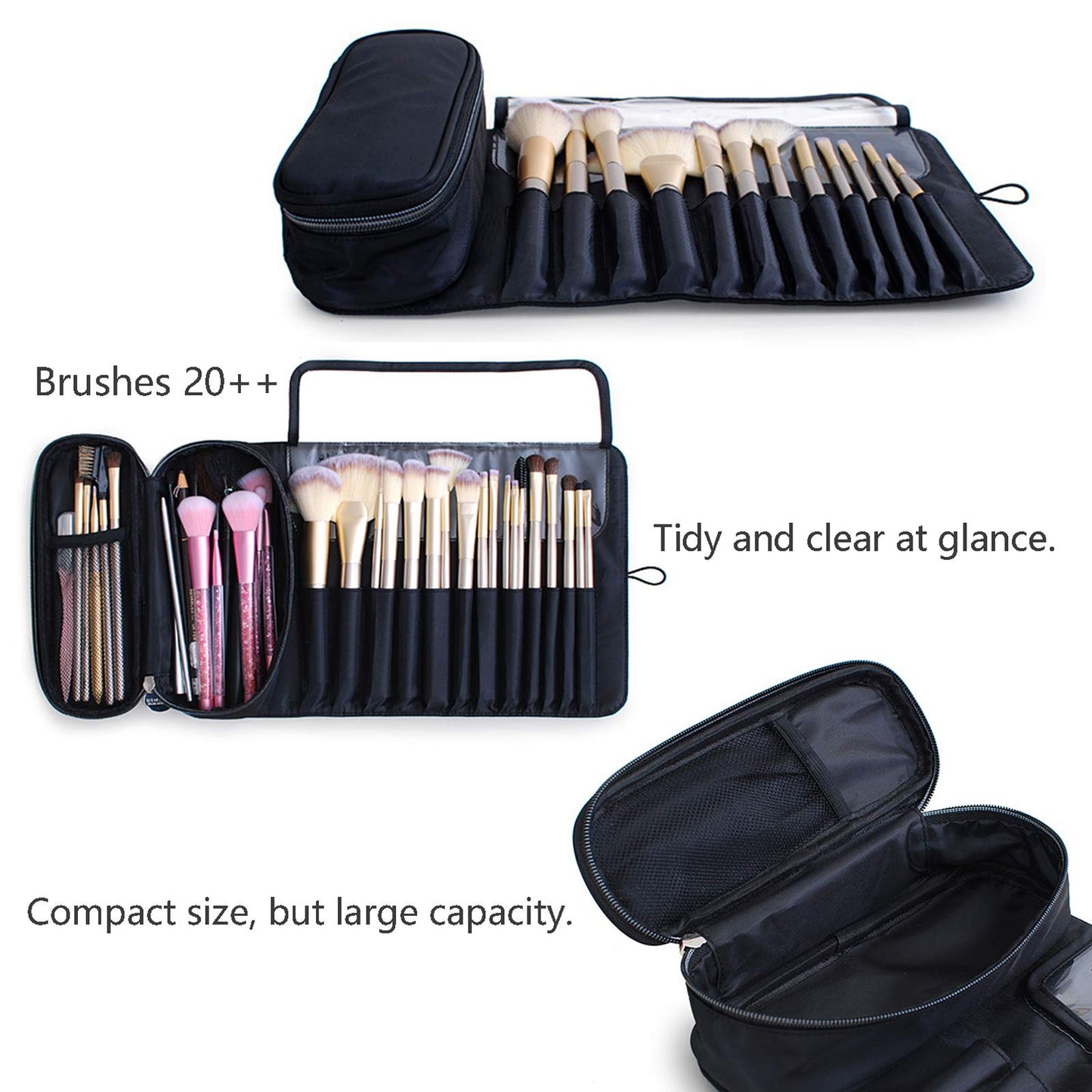 Portable Makeup Brush Organizer Makeup Brush Bag for Travel Can Hold 20+ Brushes Cosmetic Bag Makeup Brush Roll Up Case Pounch Holder for Woman With Bonus Brush Cleaning Mat and Makeup Sponge