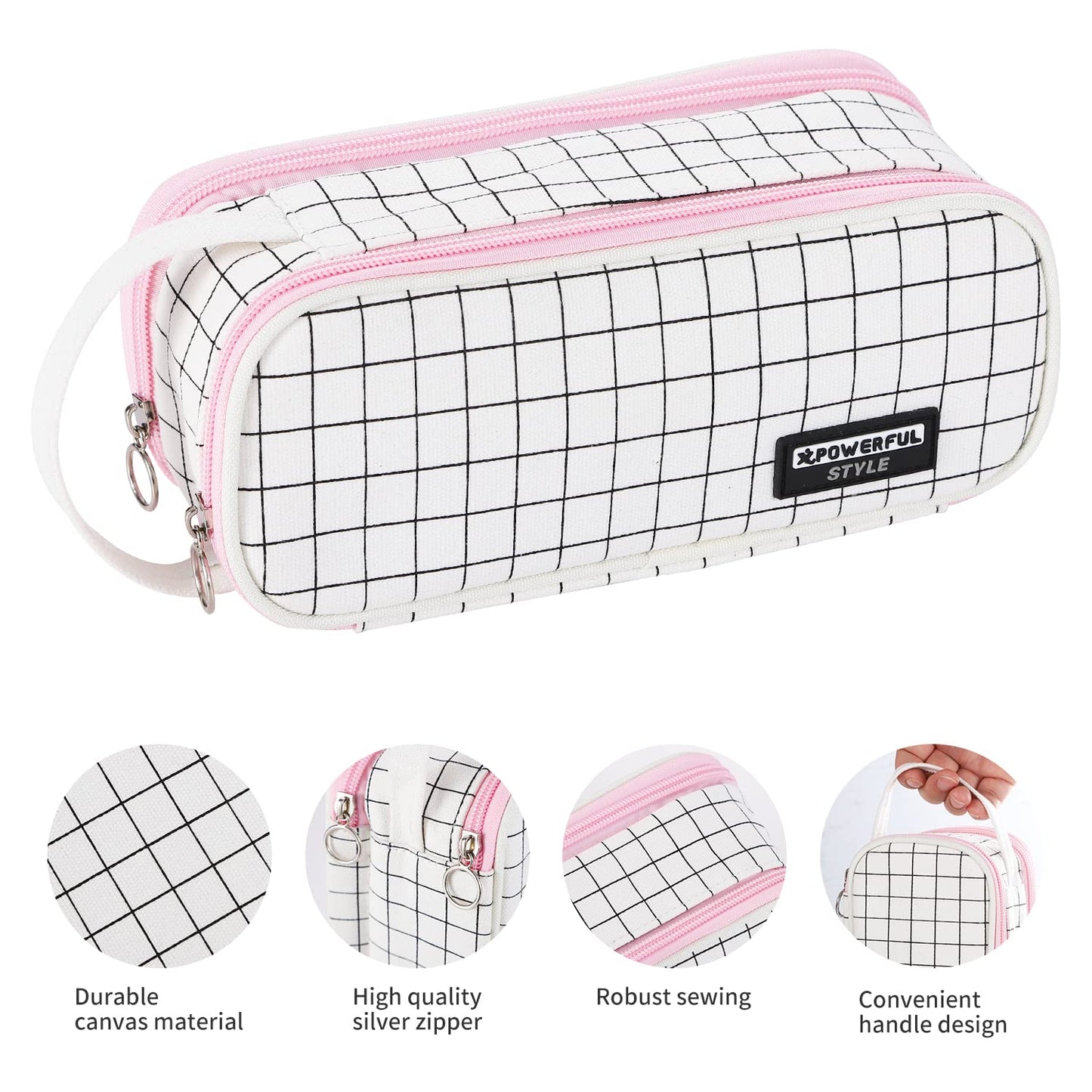 Dugio Large Pencil Case Zipper Pencil Pouch for Girls Boys Adults Kids Aesthetic Pencil Bag Organizer Big Capacity Pen Bag with Handle Portable for School Office White-plaid